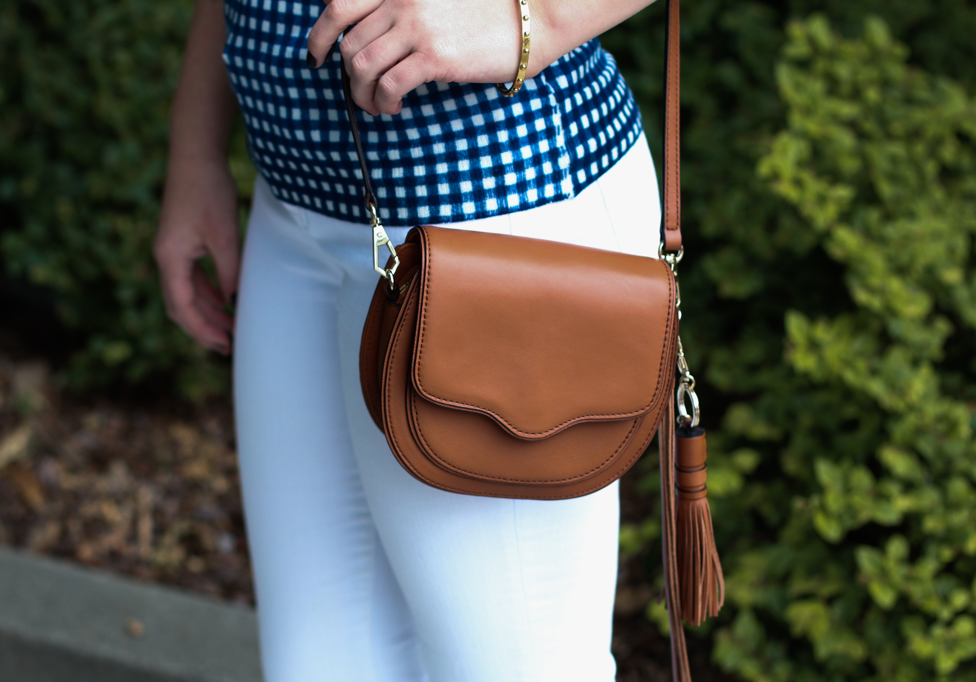 J. Crew Gingham Sweater with Madewell White Denim & Dansko Clogs.