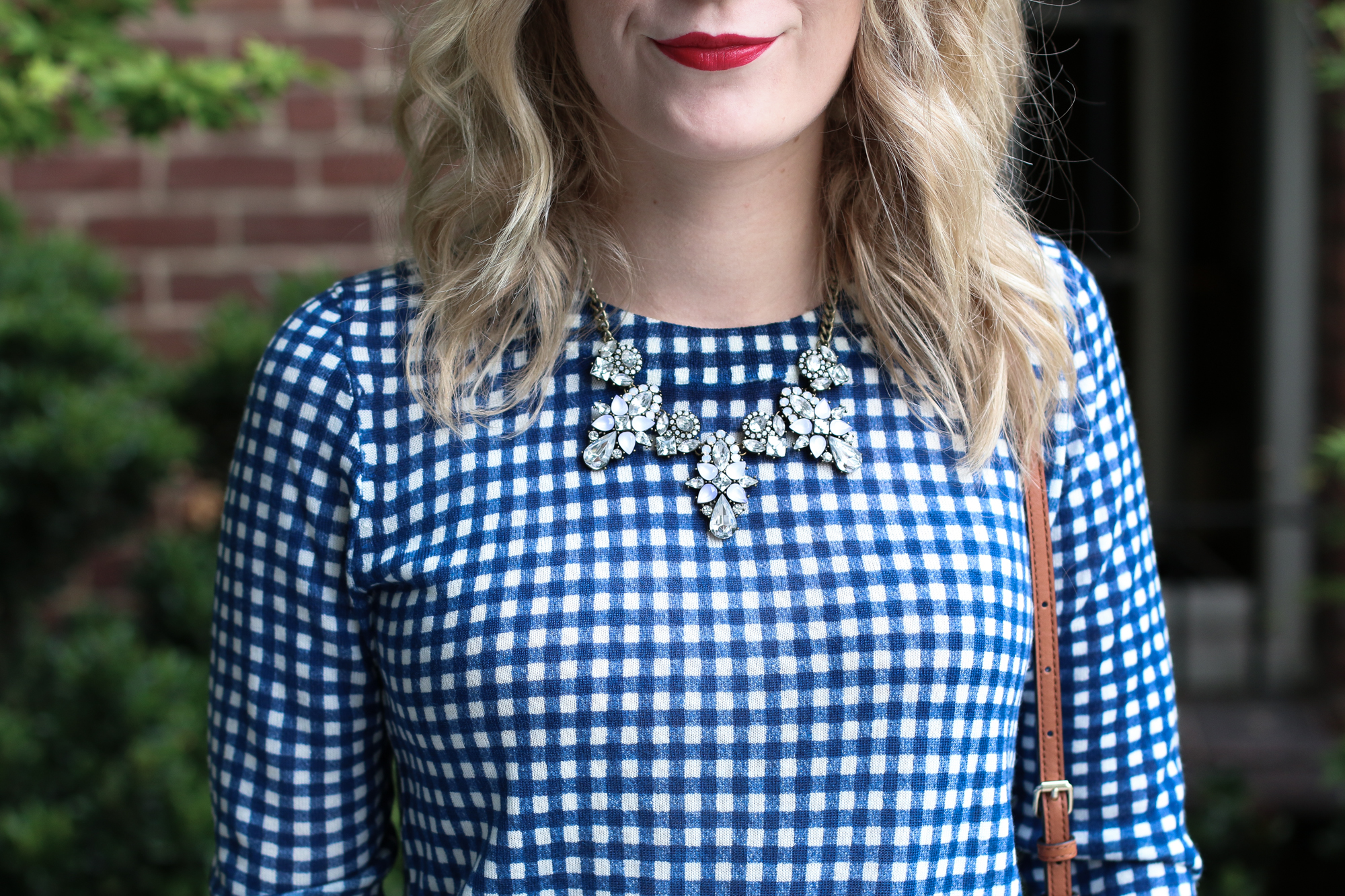 J. Crew Gingham Sweater with Madewell White Denim & Dansko Clogs.