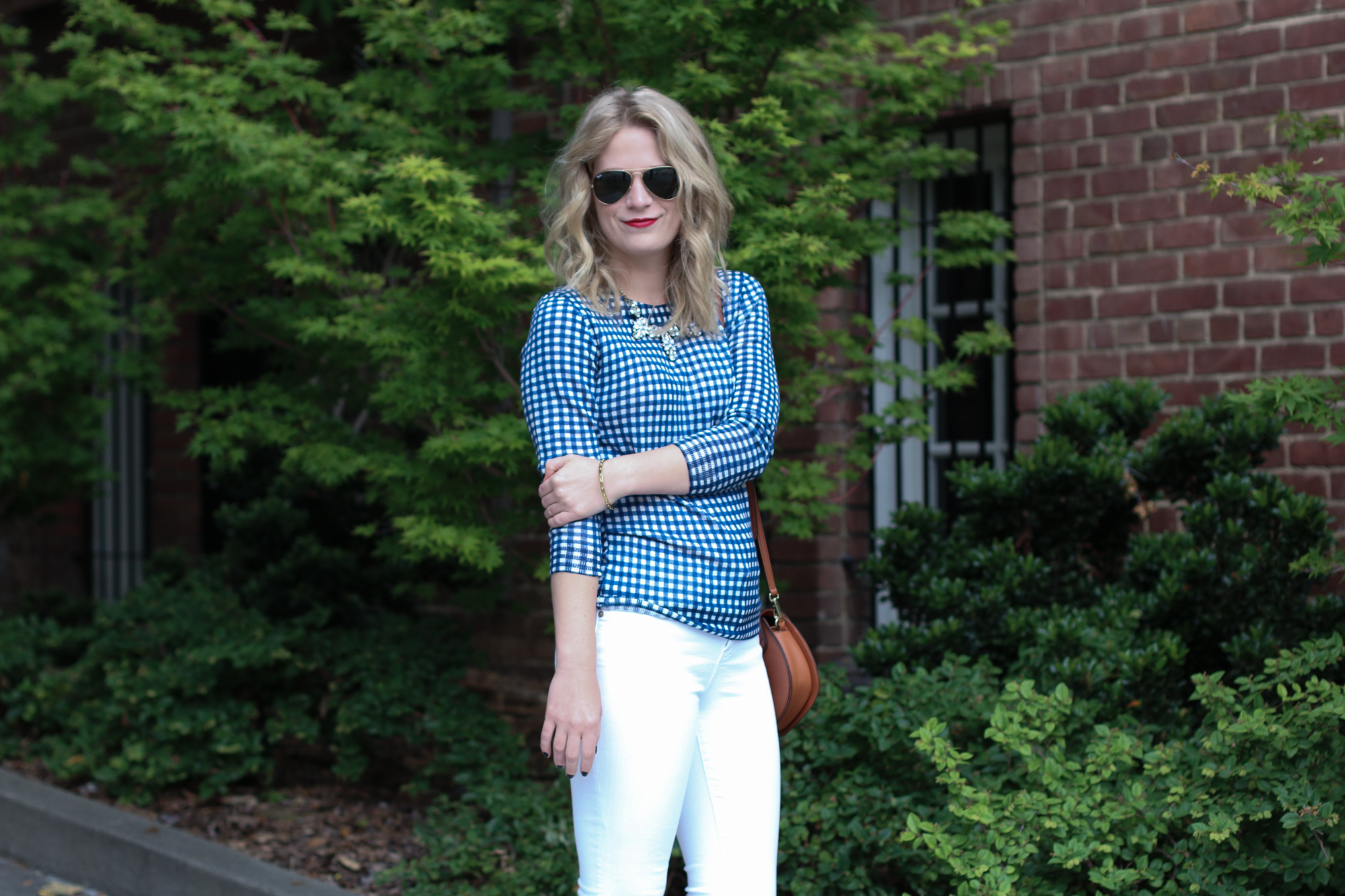 J. Crew Gingham Sweater with Madewell White Denim & Dansko Clogs.